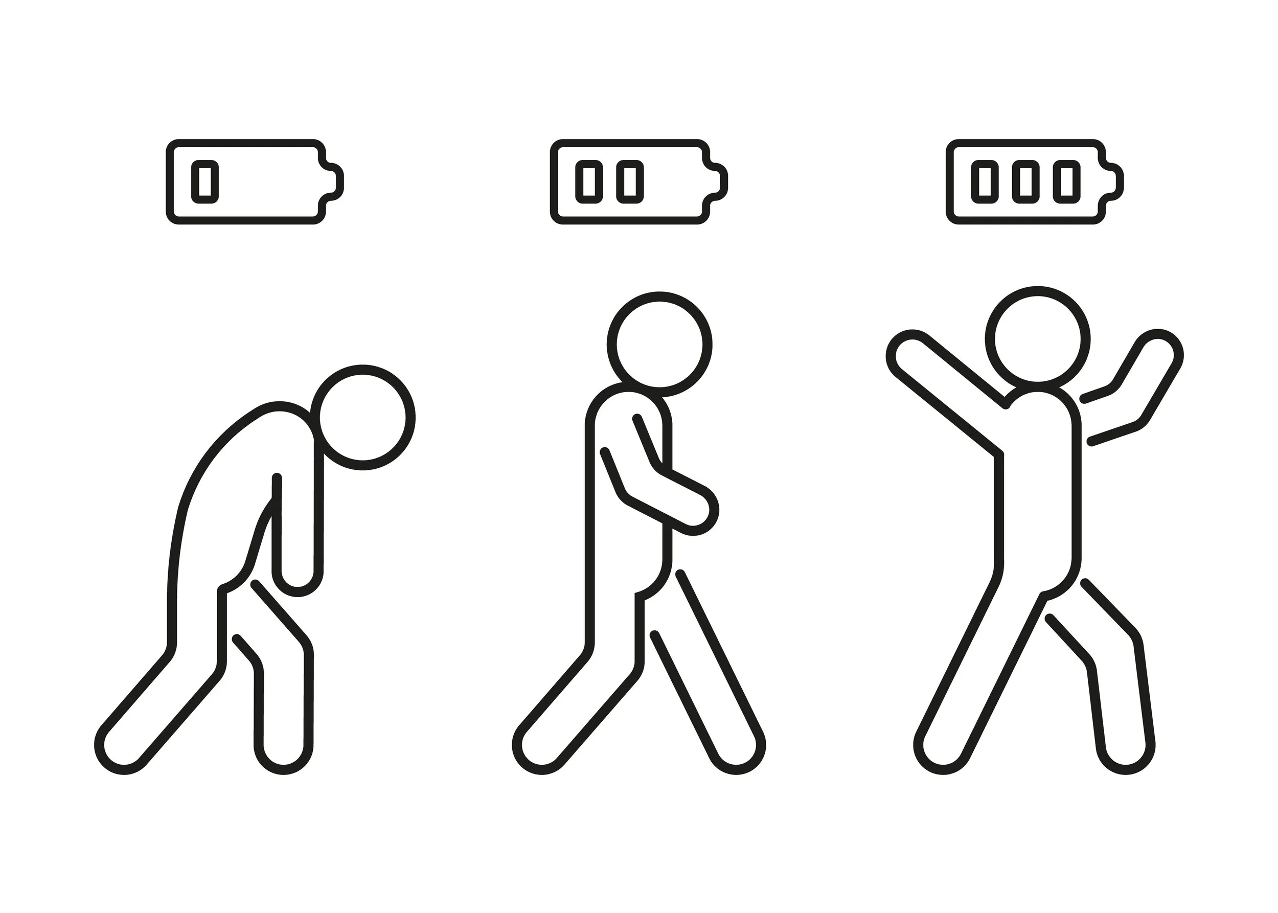 Line drawing of several people in various poses, expressing excitement or celebration, with three battery icons above them indicating different levels of charge.