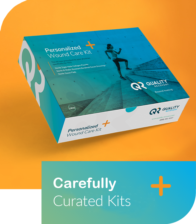 A box of personalized wound care kits from Quality Recovery, featuring a woman running on stairs on the packaging, with a teal and orange color scheme.