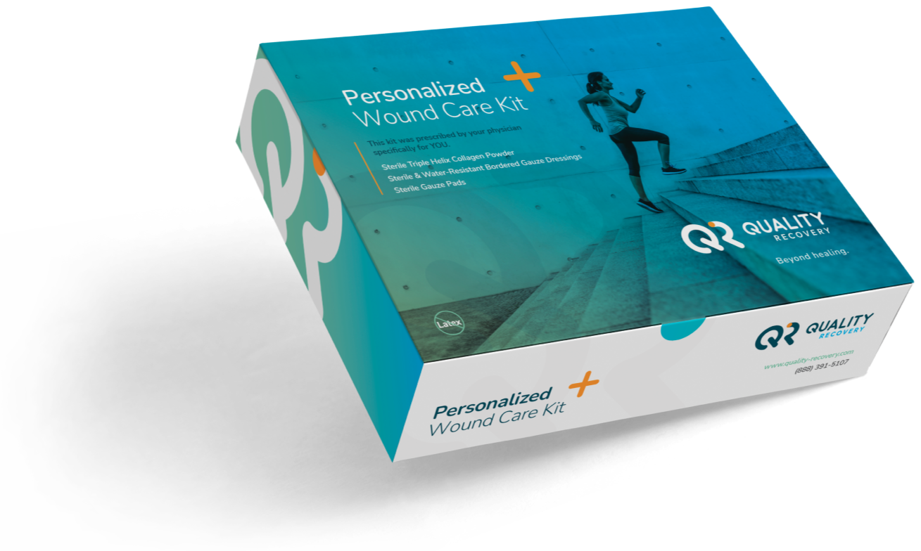 A box of a personalized wound care kit from Quality Recovery, with a blue and white design, featuring a woman climbing stairs on the package. The box indicates it includes sterile triple Helix collagen powder, sterile and water-resistant bordered gauze dressing, and sterile gauze pads.