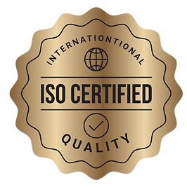 ISO Certified International Quality badge in gold with black text and a globe icon