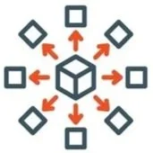 A central cube surrounded by eight arrows pointing outward to smaller squares, indicating expansion or communication.