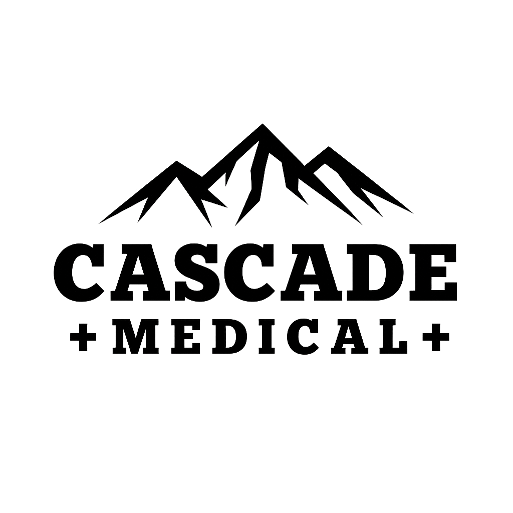 Outline of mountain peaks with the words "Cascades + Medical" below, and two plus signs on each side of the words.