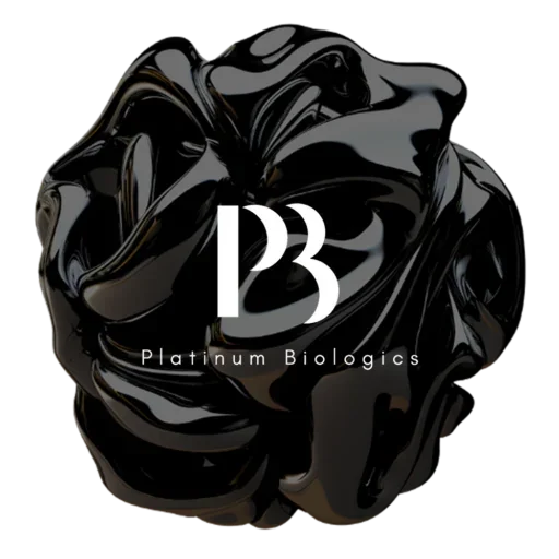 Black abstract sculpture with the text 'Platinum Biologics' and a stylized 'PB' logo