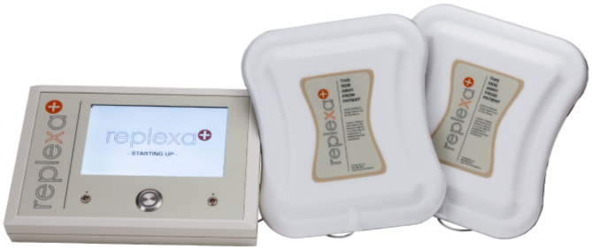 A replexa medical device with a digital display and two sealed packs of medical supplies.