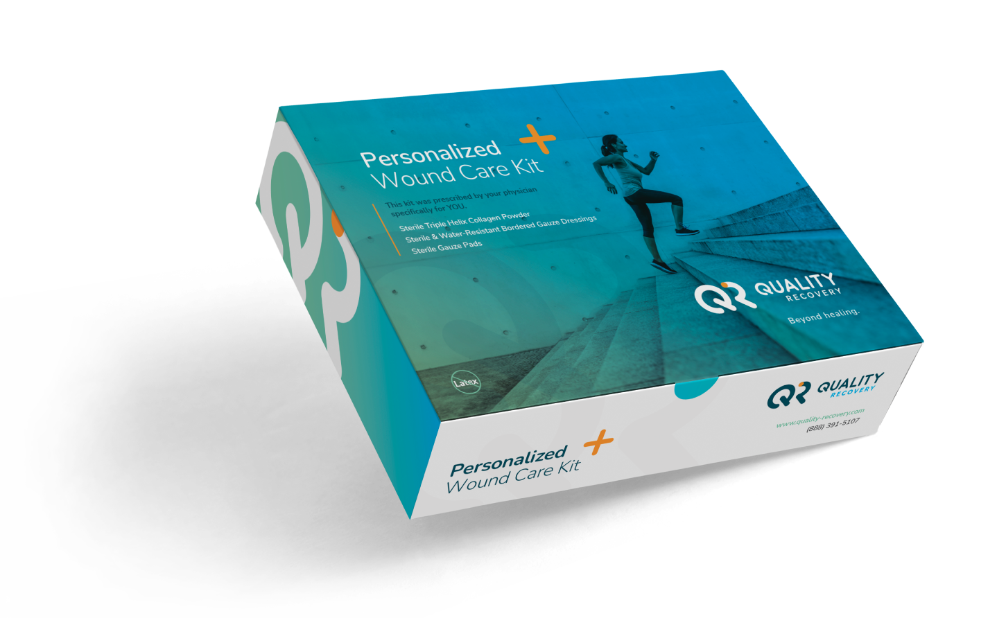 The box is labeled 'Personalized Wound Care Kit' with key contents listed, including sterile triple helium collagen powder, sterile water-resistant bordered gauze dressings, and sterile gauze pads. The box features a person climbing stairs outside a modern building and the logo of Quality Recovery along with the tagline 'Beyond healing.'