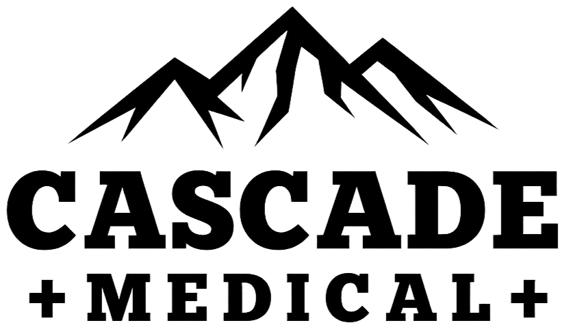 Logo featuring a mountain range above the words "CASCADÉ + MEDICAL" in bold letters.