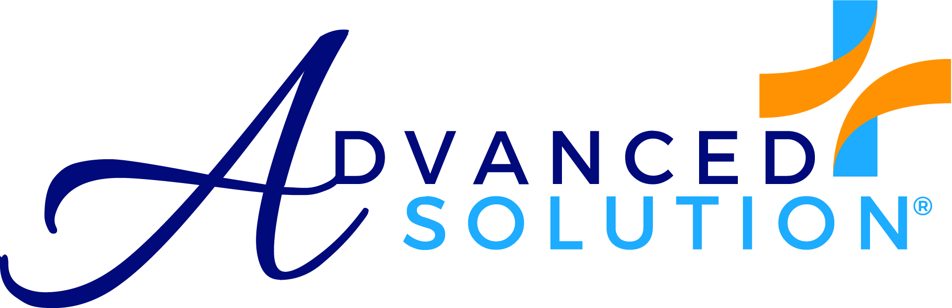 Logo for Advanced Solutions featuring stylized text with a decorative orange and blue swirl design.