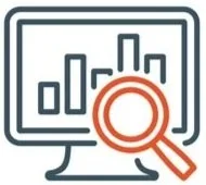 Computer monitor displaying a bar graph and a line chart with a magnifying glass icon.
