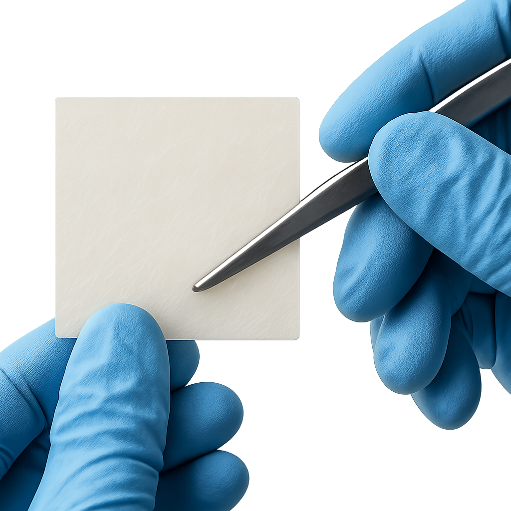 Close-up of gloved hands holding a small square piece of material and a metal instrument, possibly a scalpel, for medical or laboratory work.
