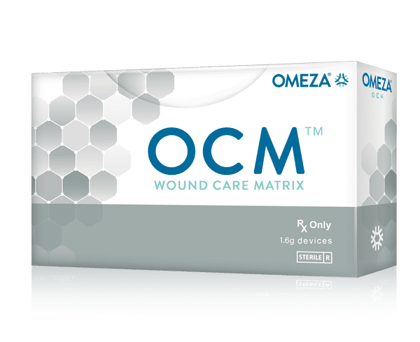 A box of OMEA OCM Wound Care Matrix with a white, gray, and blue color scheme and honeycomb pattern design.