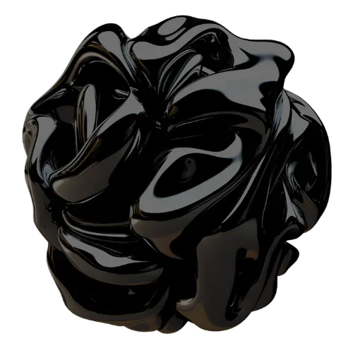A shiny, black, abstract sculpture with smooth, flowing curves.