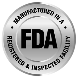 FDA certification badge indicating manufactured in an FDA-registered and inspected facility.