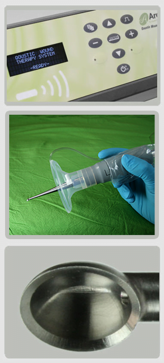 A medical device control panel with a digital display reading "DouLoustic Wound Therapy System Ready" and various buttons, a gloved hand holding a syringe-like device with a tube, and a metallic cylindrical object with a rounded interior.