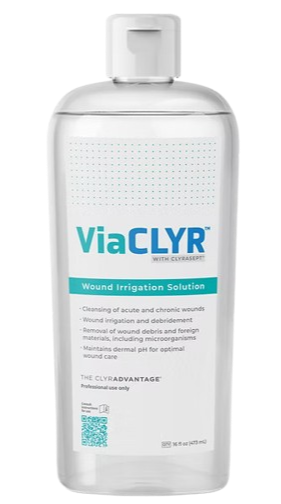 A bottle of ViaCLYR Wound Irrigation Solution with a white pump dispenser.