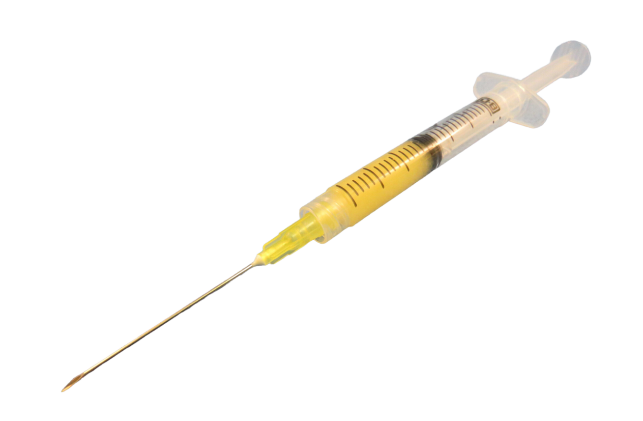 A syringe filled with yellow liquid, with a long, thin metal needle, set against a white background.