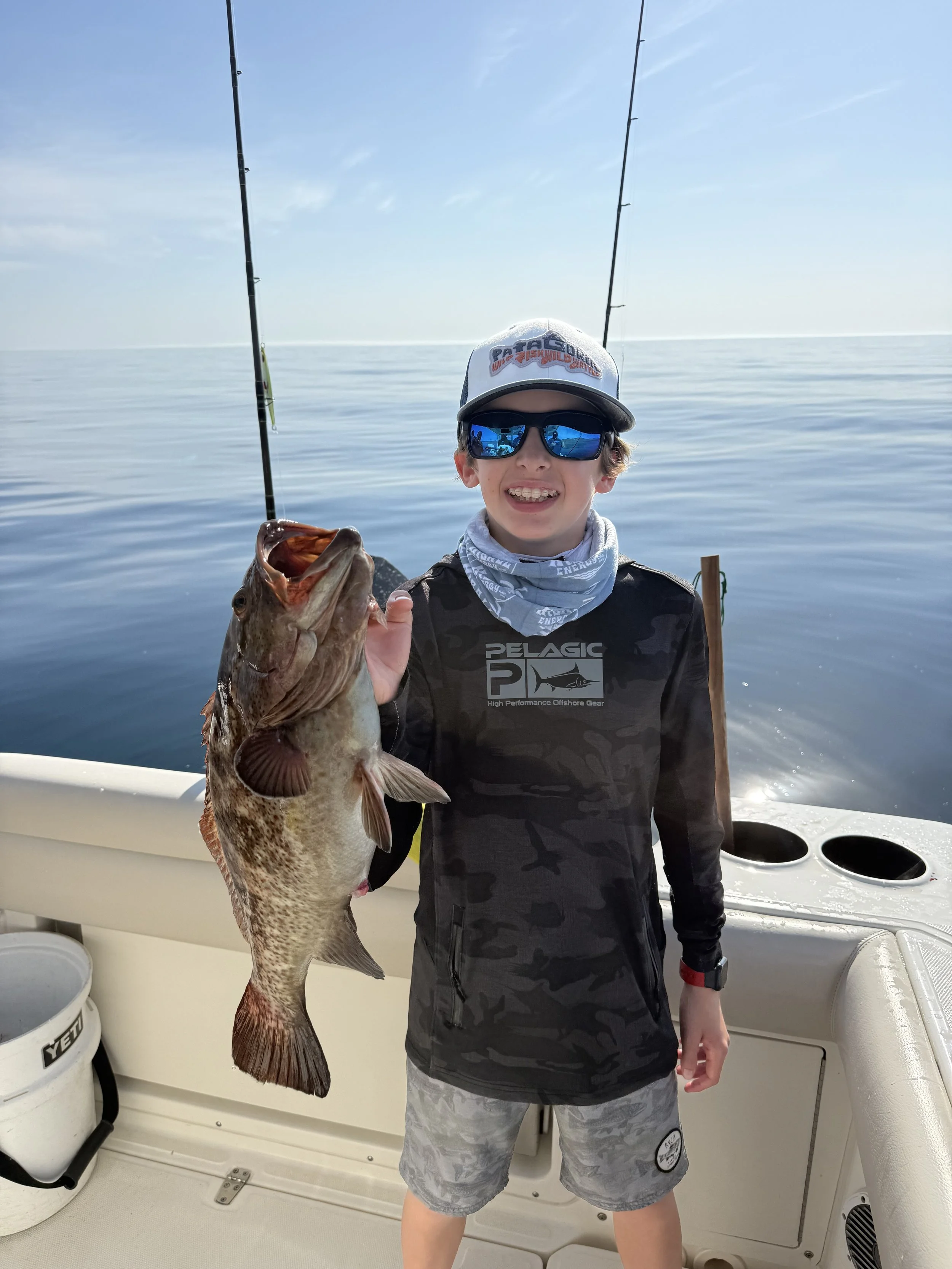 Grouper, 18 pounds, April 2025 

(Watch out for their teeth)