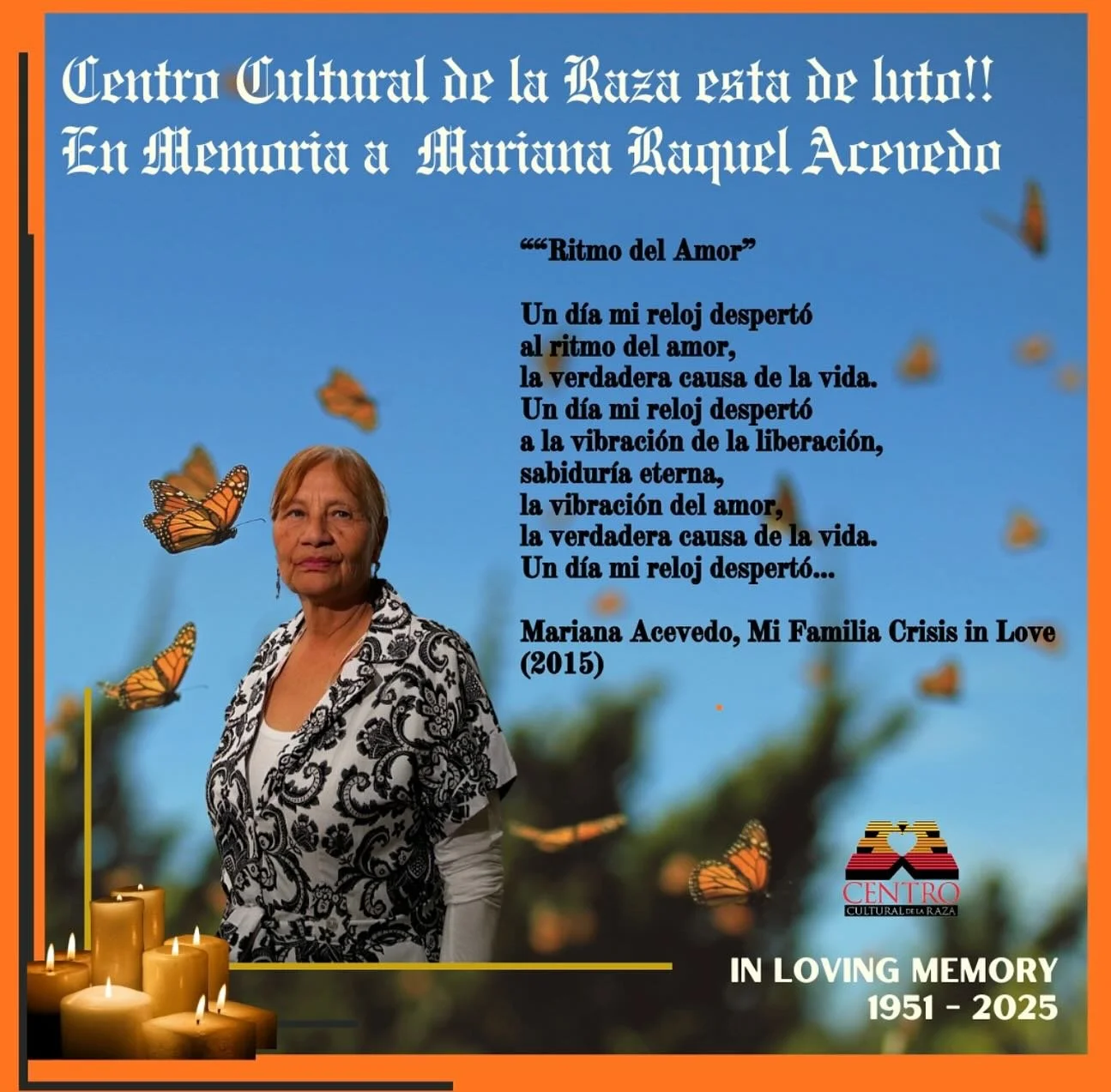 Thank you for the art, the spirit, and the brilliant light you shared with our community.
We had the honor of hosting Mariana at the Centro Cultural de la Raza during her Ancestral Roots exhibition in 2024 &mdash; a moment we will always treasure.
He