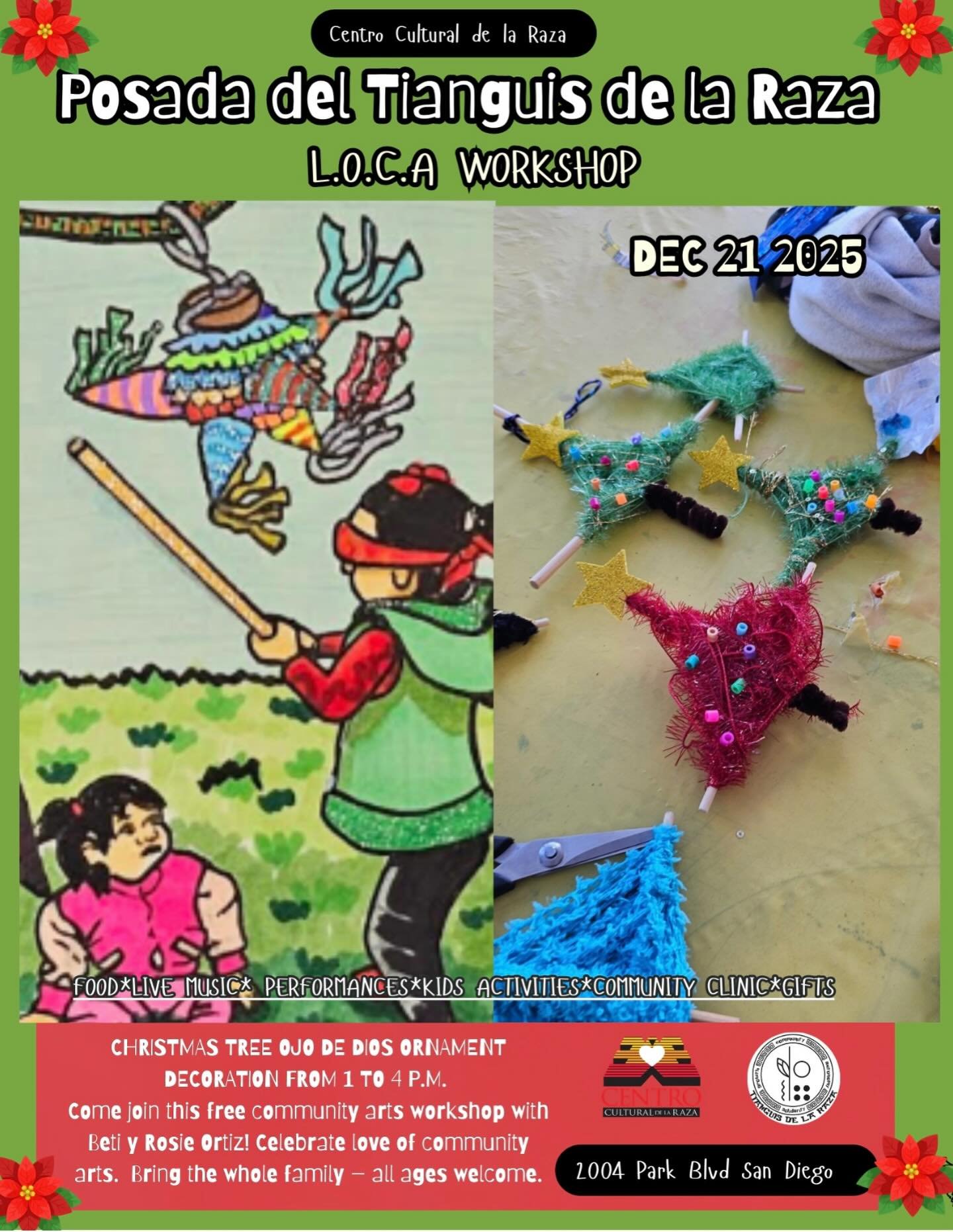 Love of Community Arts &ndash; Free Arts Workshop
Join us for an Ojo de Dios Christmas tree ornament workshop with Betty and Rosie Ortiz during our Posada de Tianguis de la Raza on December 21, from 1 to 4 PM.
Free and open to all ages &mdash; see yo