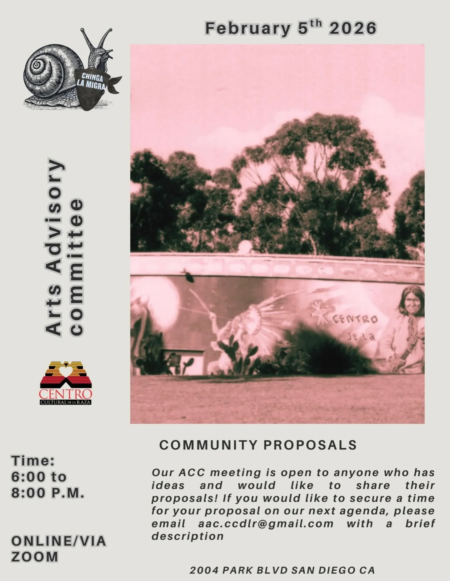 Hello everyone,
We want to let you know that our next Arts Advisory Committee meeting will take place on Thursday, February 5, 2026, from 6:00 to 8:00 PM.

As part of this new initiative in our organization, we kindly ask you to send your proposals t