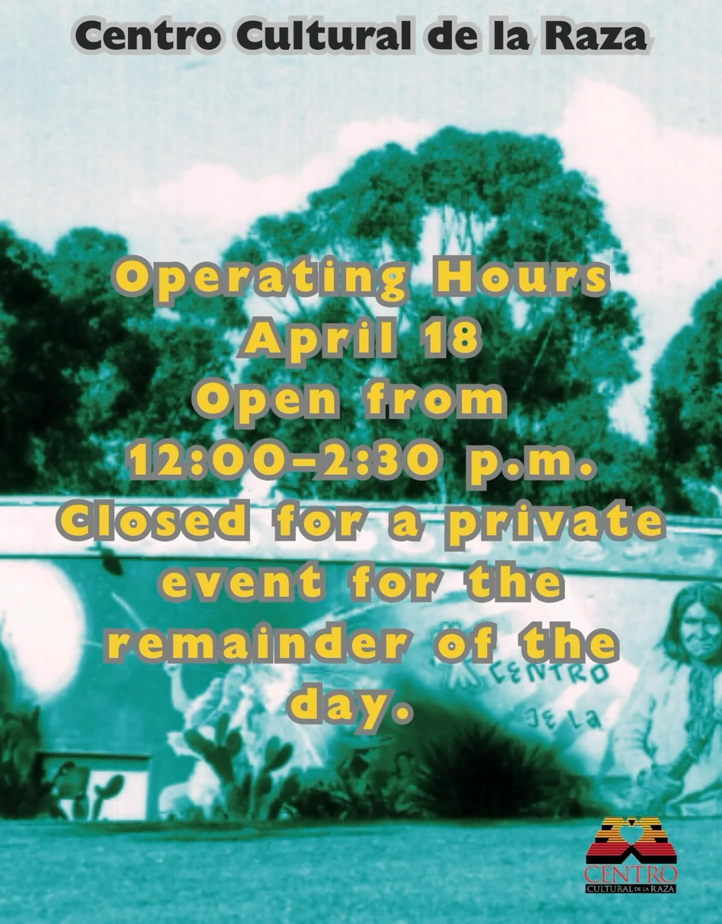 Hello everyone, we will be closed for a private event starting at 2:30 on April 18th. Our regular operating hours will resume on April 19 for Tianguis de la Raza. See you all there!

Hola a todxs estaremos cerrados por un evento privado empezando a l