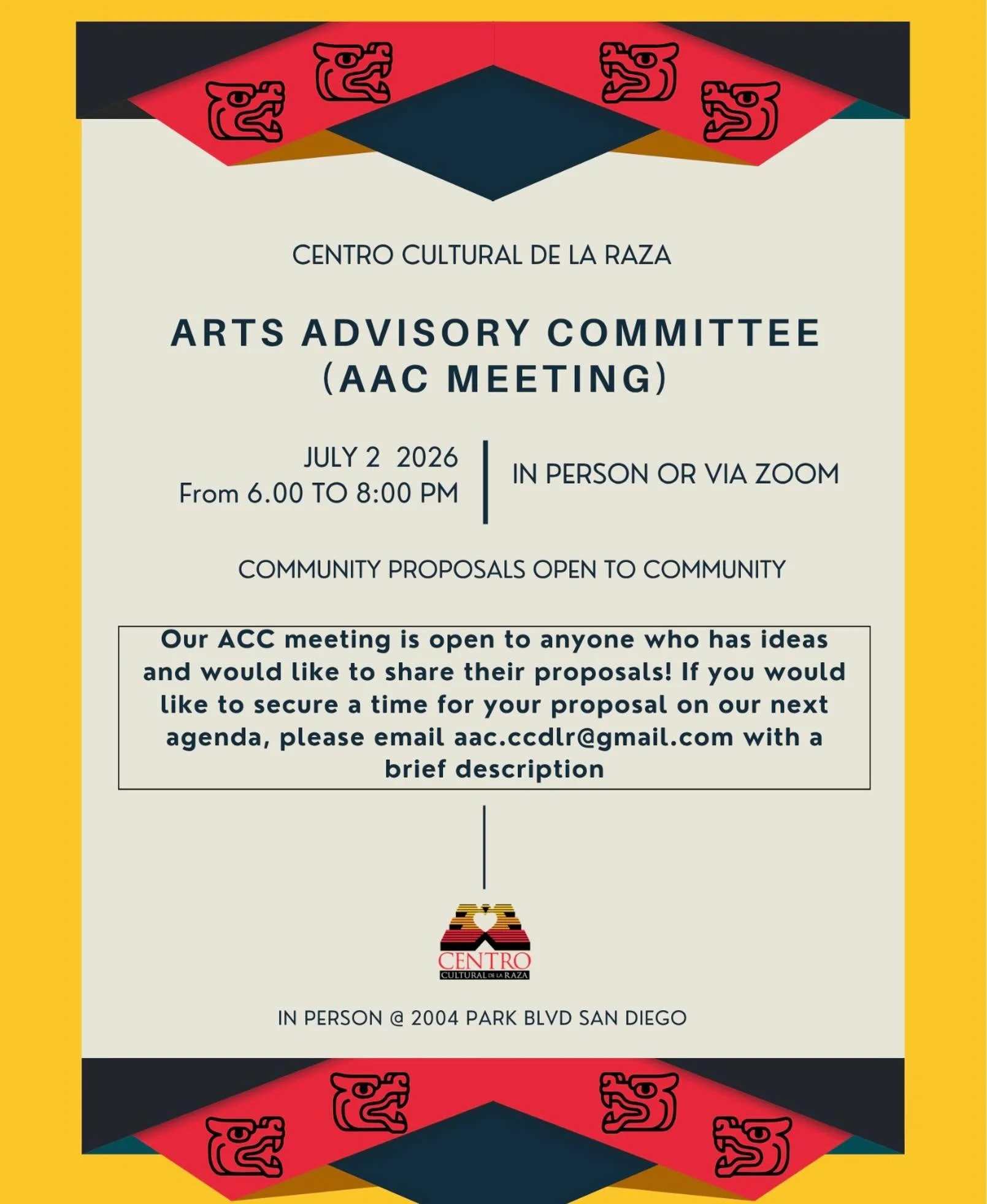 Hello everyone,

We want to let you know that our next Arts Advisory Committee meeting will take place on Thursday, July 2, 2026, from 6:00 to 8:00 PM.

To give everyone time to prepare their proposals in advance, we kindly ask you to send them to: a