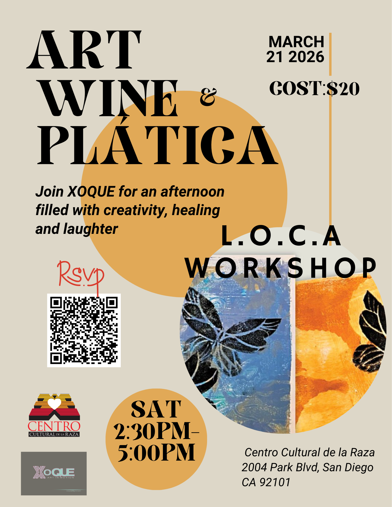gray background with letters saying art wine and platica, workshop on Saturday March 14th. An image of a butterfly.
