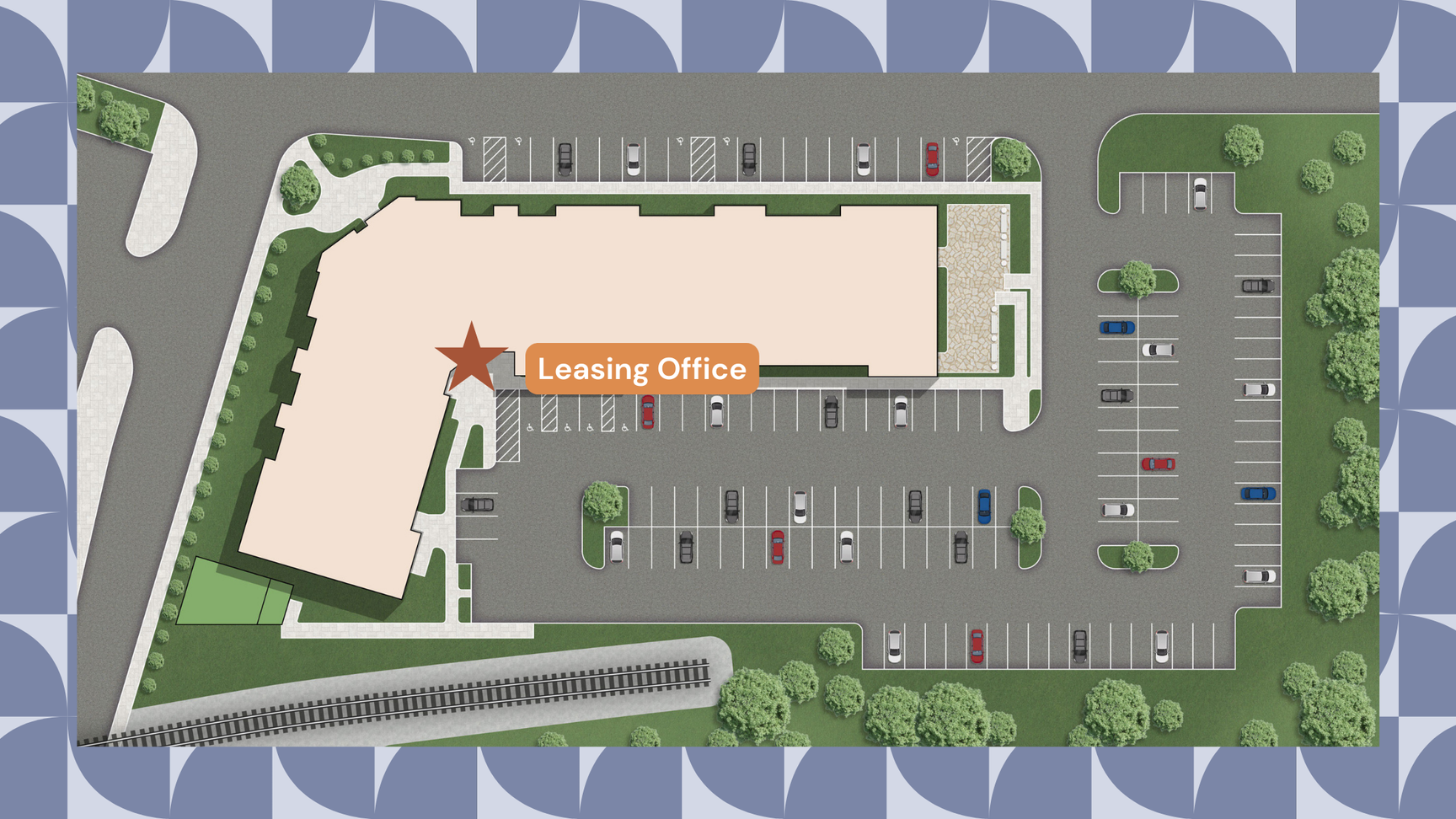 Site plan of a commercial building with parking lots, landscaped areas, and a marked leasing office area indicated by a star and label.
