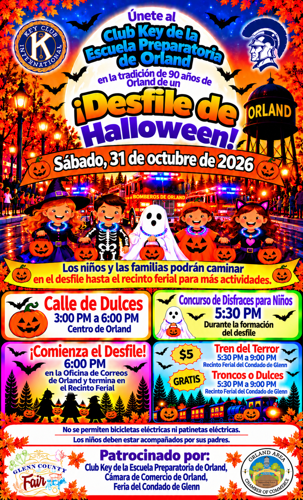 Cartel en español de Halloween en Orland del 31 de octubre de 2026, con el desfile desde la Oficina de Correos de Orland hasta el recinto ferial.