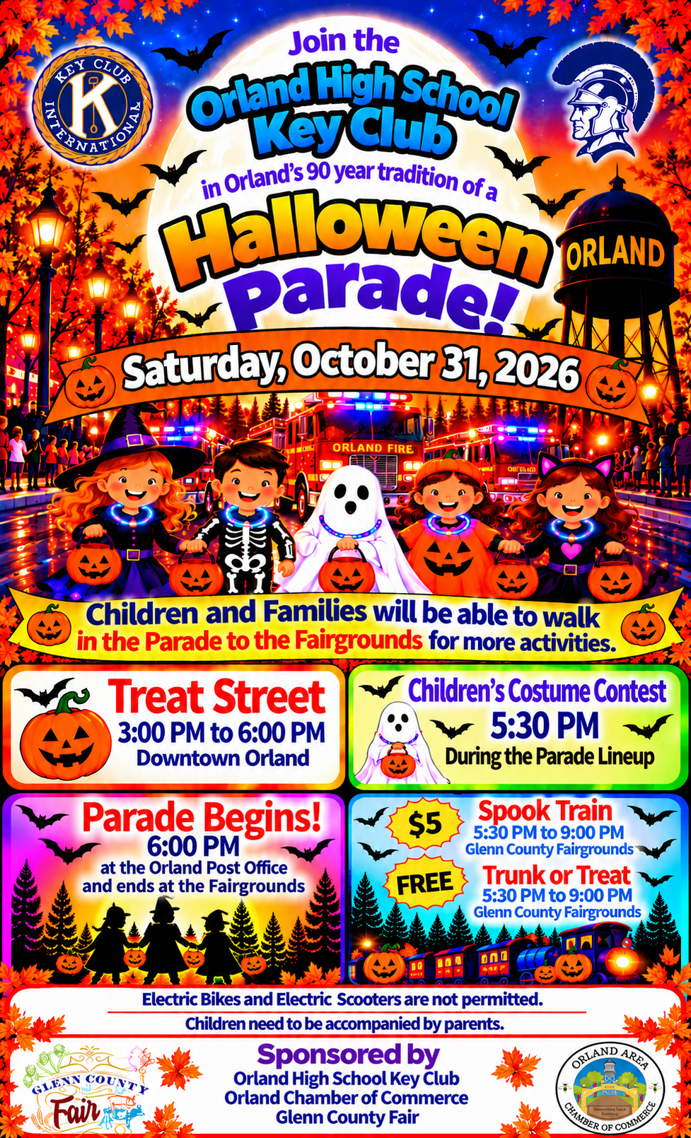 Orland Halloween celebration flyer for October 31, 2026, including the parade from the Orland Post Office to the fairgrounds. Schedule details are provided above.