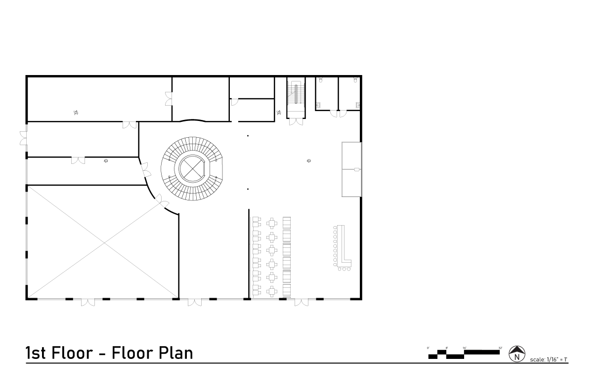 The first floor was converted from an old brick auto-repair shop. This floor holds the museums administration offices, a shop and cafe, and a coat room.