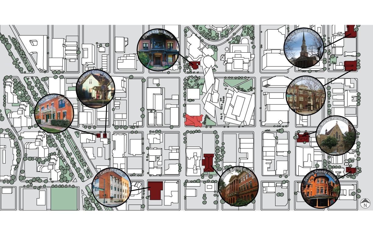 Buildings in the surrounding area of the Museum of Analog Experiences that have historical landmark status. These buildings signify Denver's history.