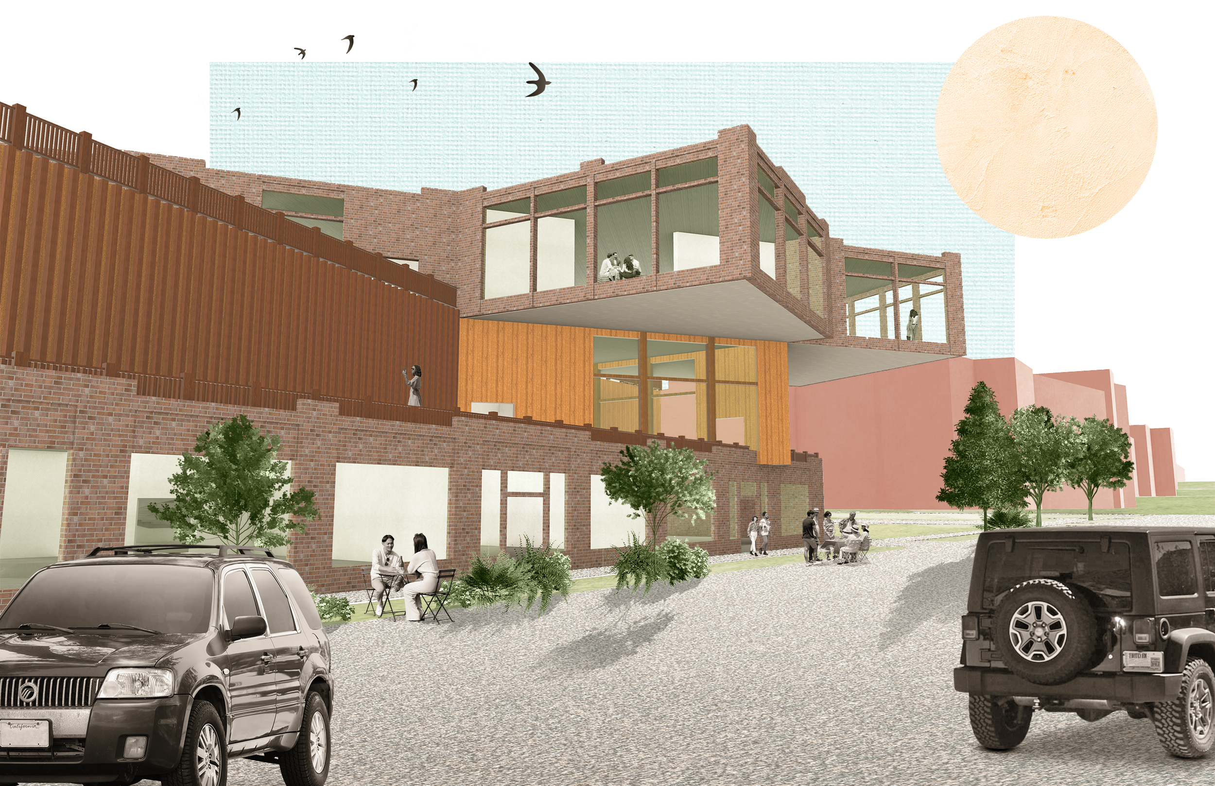 The cantilever roofs overhang the below floors, creating shaded areas in all of the outdoor spaces. People eat from the museum cafe or sit and spend time together in the outdoor tables. 