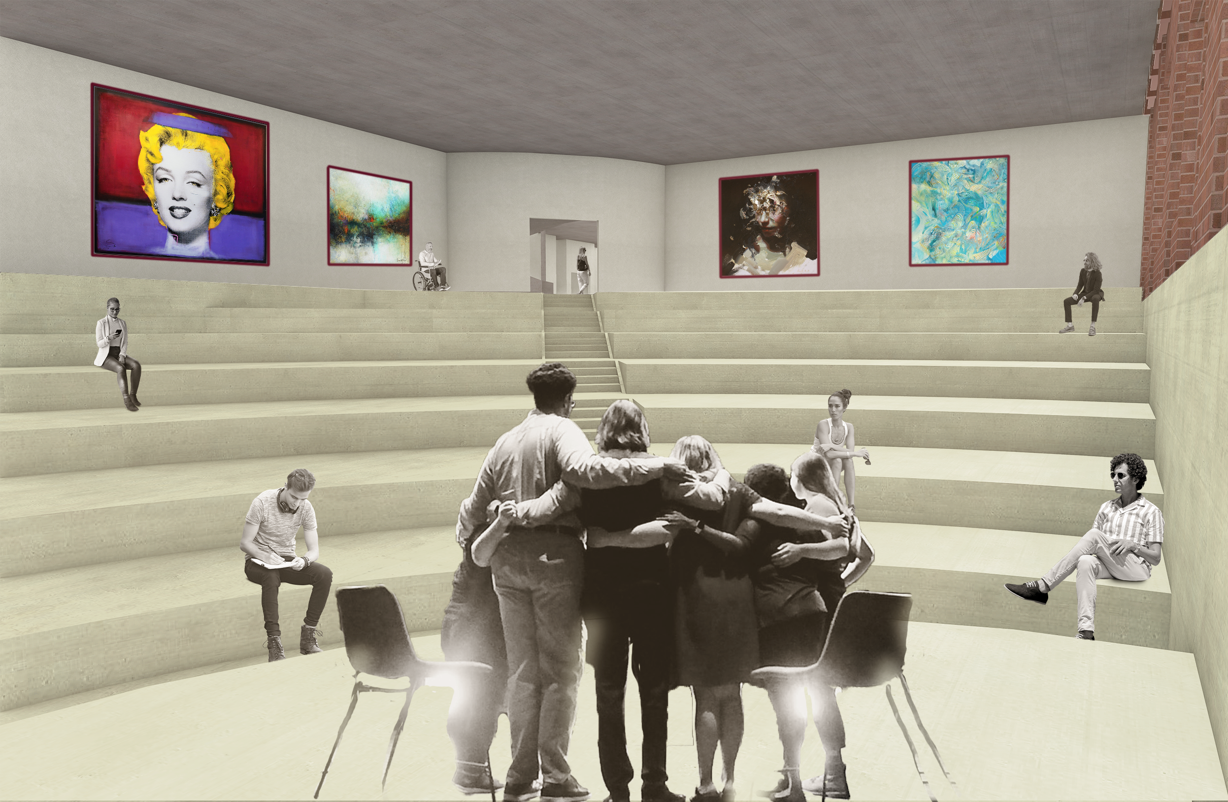 The basement level and the first floor are connected with a transitional amphitheater space for live performances.