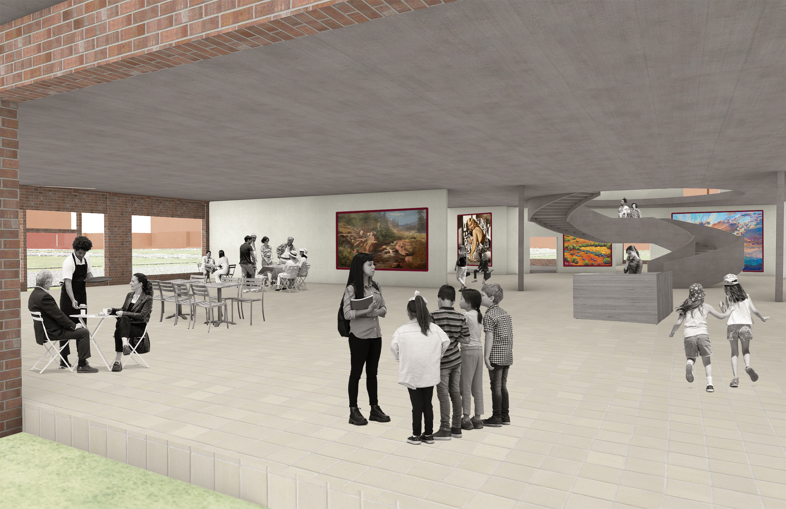 An old garage door has been converted into the main entrance to the museum. It's the focal point towards large open spaces and achieves a direct flow for guests to navigate the exhibits.