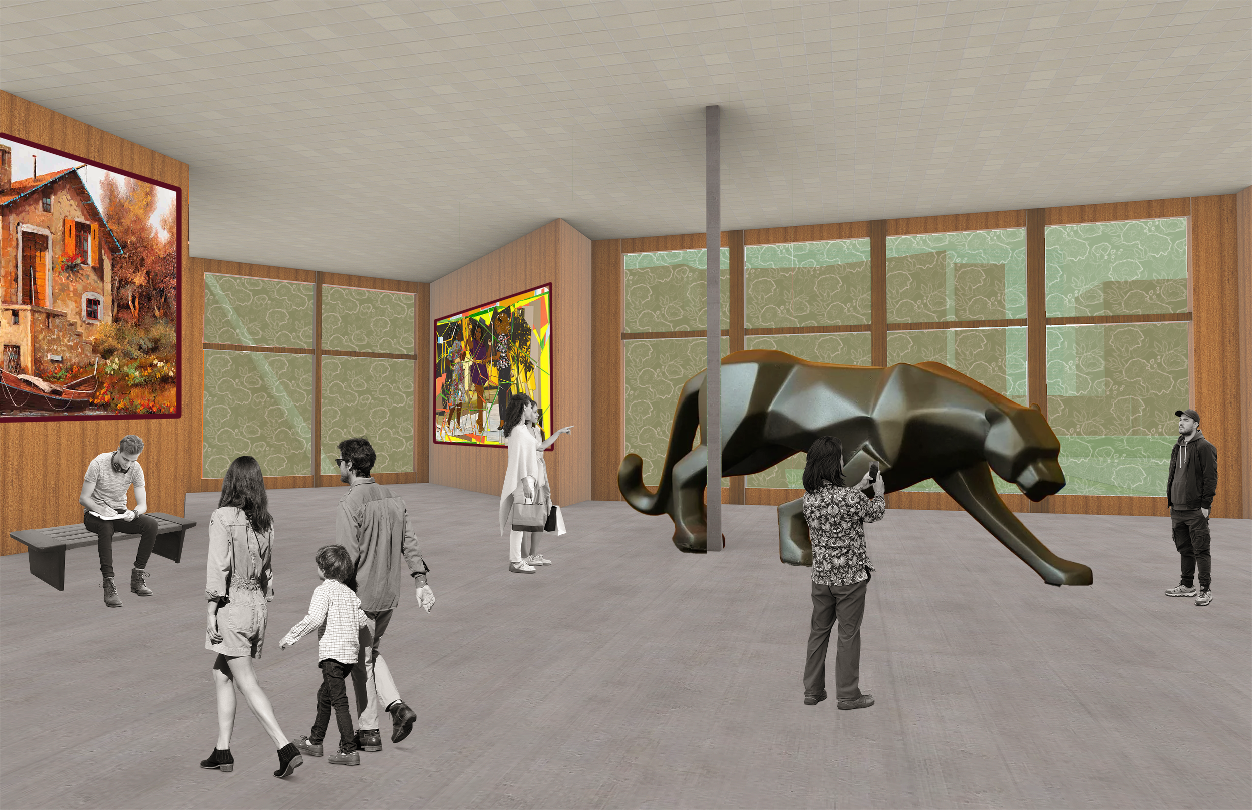 Large gallery spaces is provided on the second floor for exhibits to be displayed for guests.
