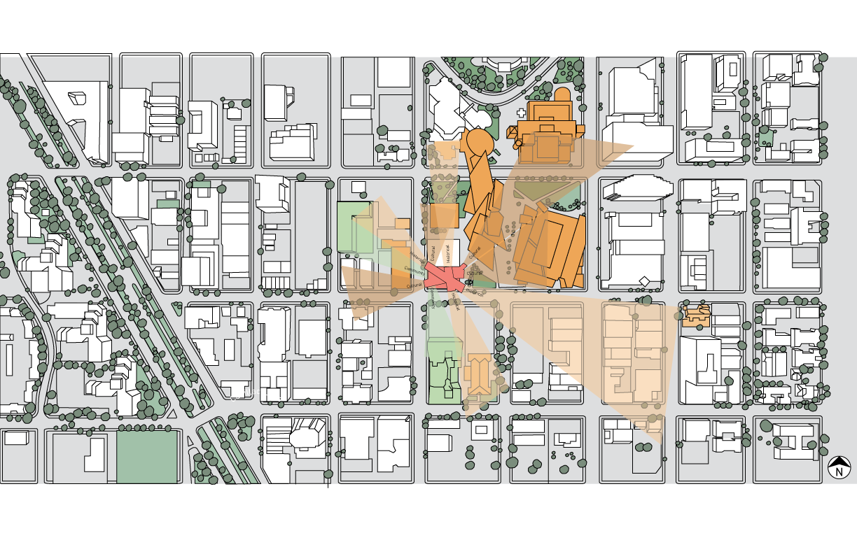 Highlighted structures that connect to the Museum of Analog Experience through history, culture, and community. These buildings influence the direction of the museum's cantilevers.