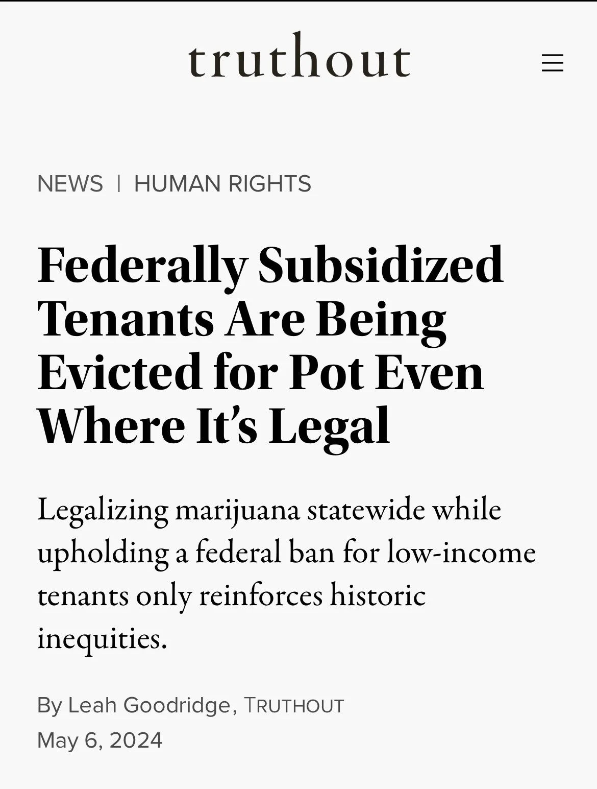 Screenshot of a news article from Truthout about tenants being evicted for pot even where it is legal, with bold headline and date May 6, 2024.