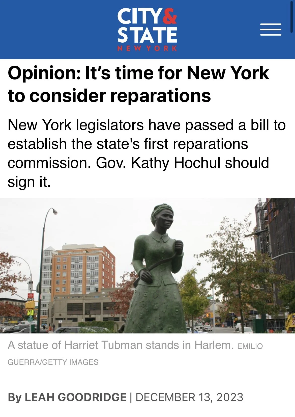 Screenshot of a news article titled "Opinion: It’s time for New York to consider reparations" with a photo of a statue of Harriet Tubman in Harlem.