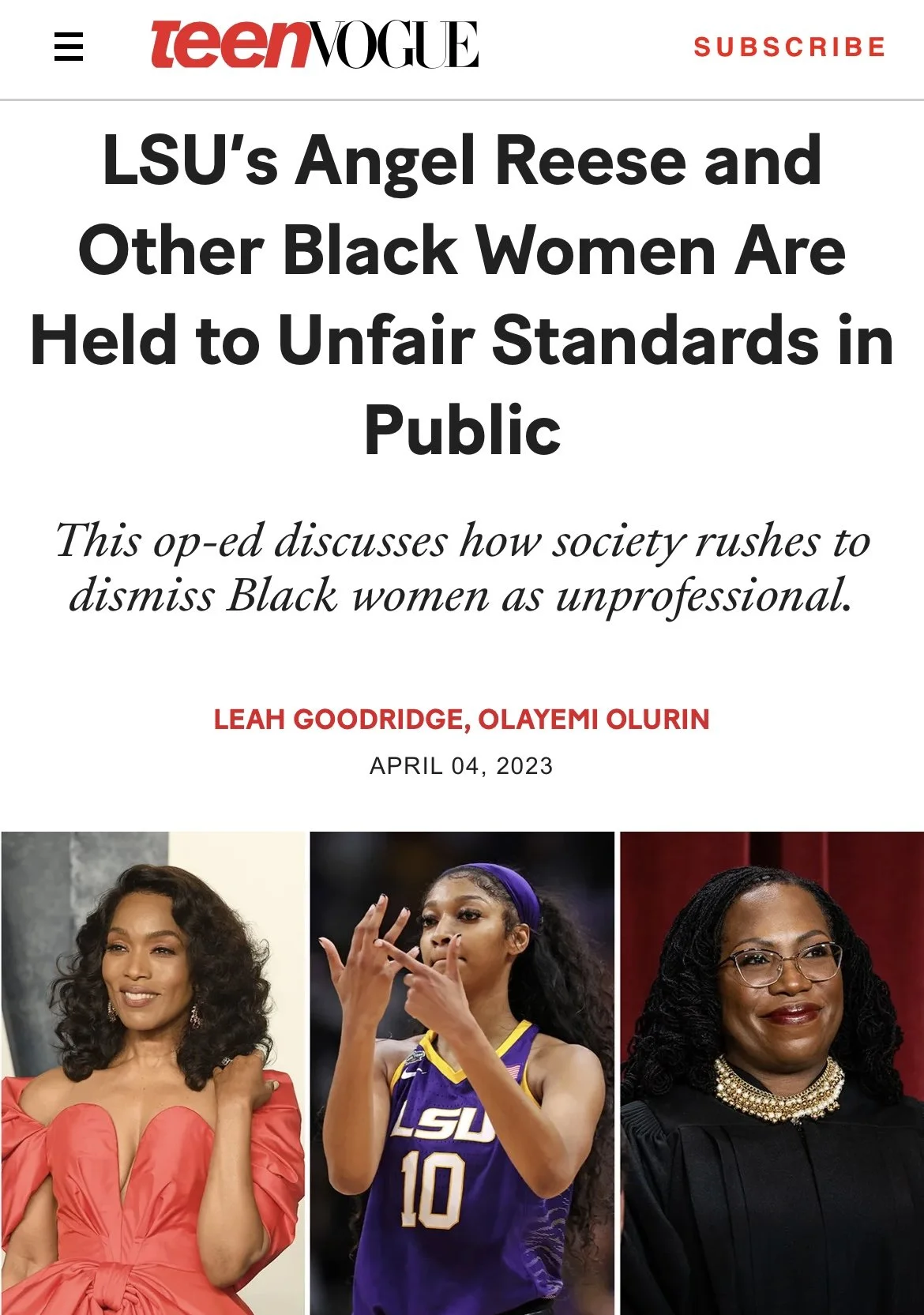 Screenshot of a Teen Vogue article titled "LSU's Angel Reese and Other Black Women Are Held to Unfair Standards in Public" with the subtitle "This op-ed discusses how society rushes to dismiss Black women as unprofessional." The article is authored by Leah Goodridge and Olayemi Olurin, published on April 4, 2023. The image shows three Black women: one in an elegant red dress, a young woman in a purple LSU basketball uniform making a gesture with her hand, and a woman wearing glasses and a black gown with pearls.