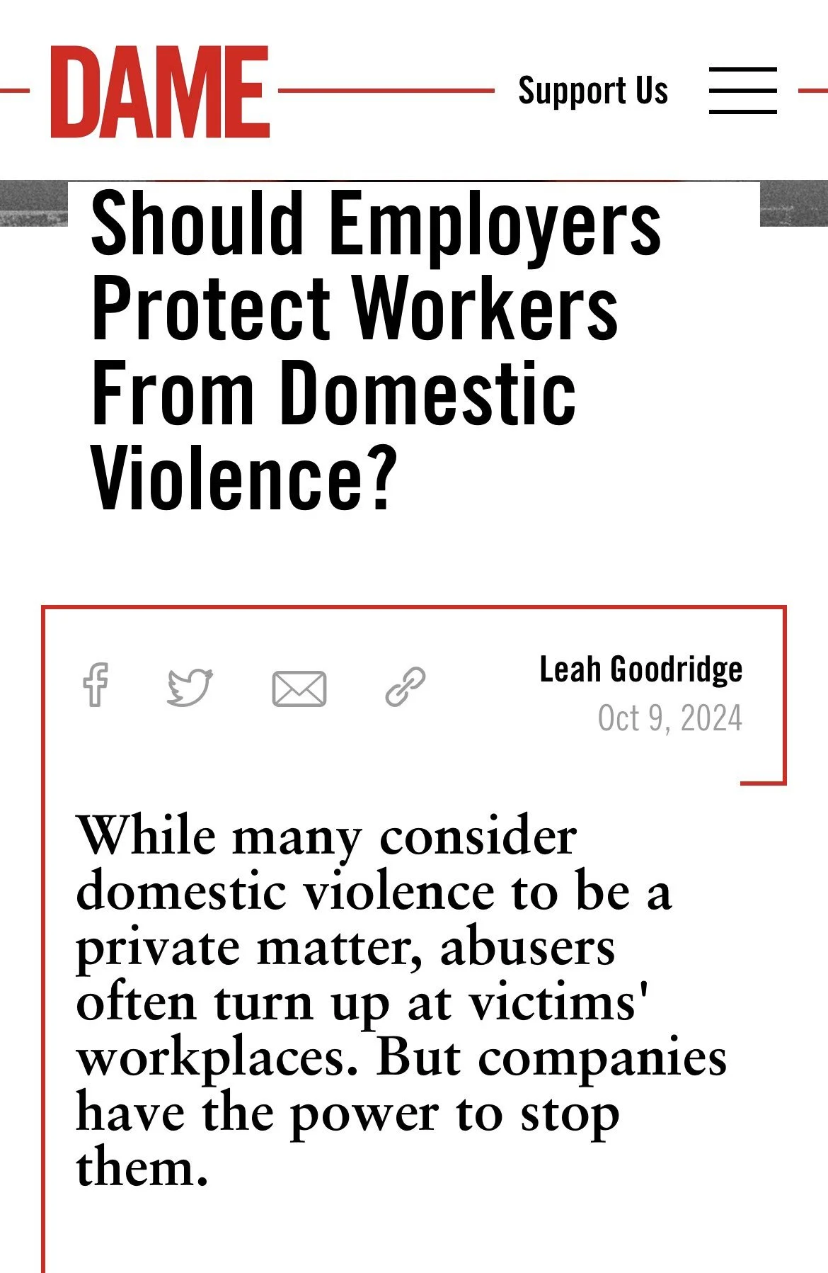 Headline and article excerpt from a website article titled 'Should Employers Protect Workers From Domestic Violence?' written by Leah Goodridge, published on October 9, 2024. The article discusses domestic violence in the workplace and employer responsibilities.