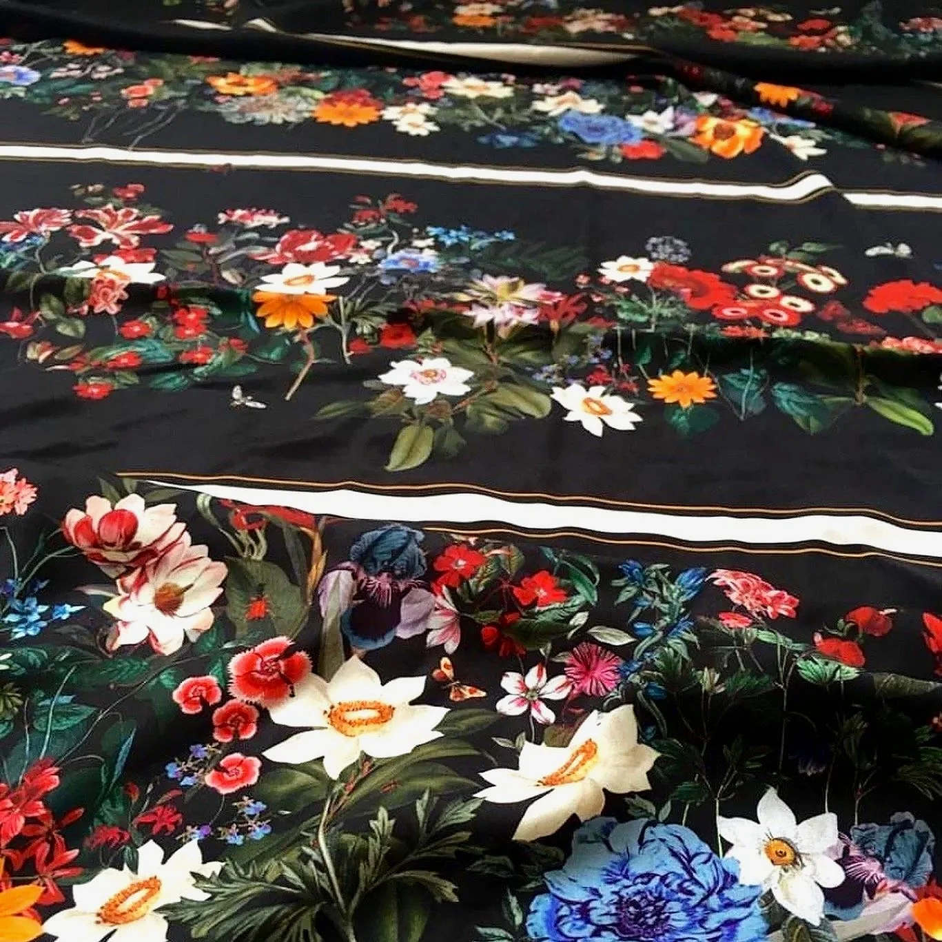 The botanical collage translated into fabric, bringing archival flowers into contemporary textiles.