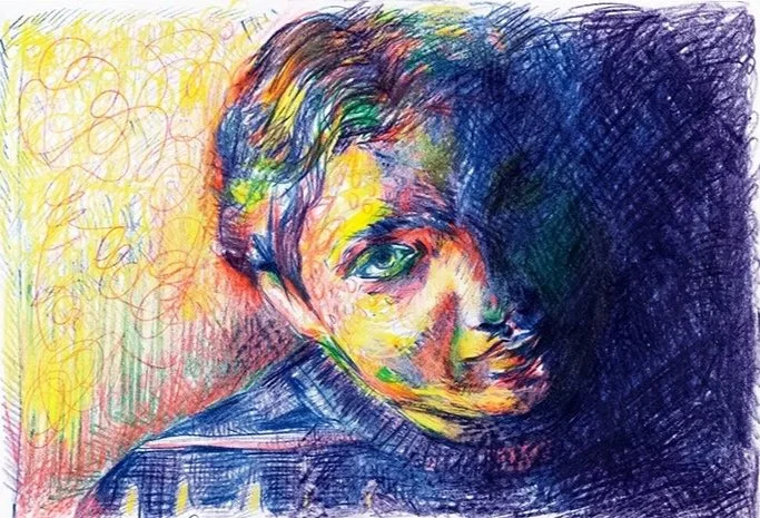 Maman photographed by my father, 1984. Wax crayons on paper, 21 x 30 cm, 2019.