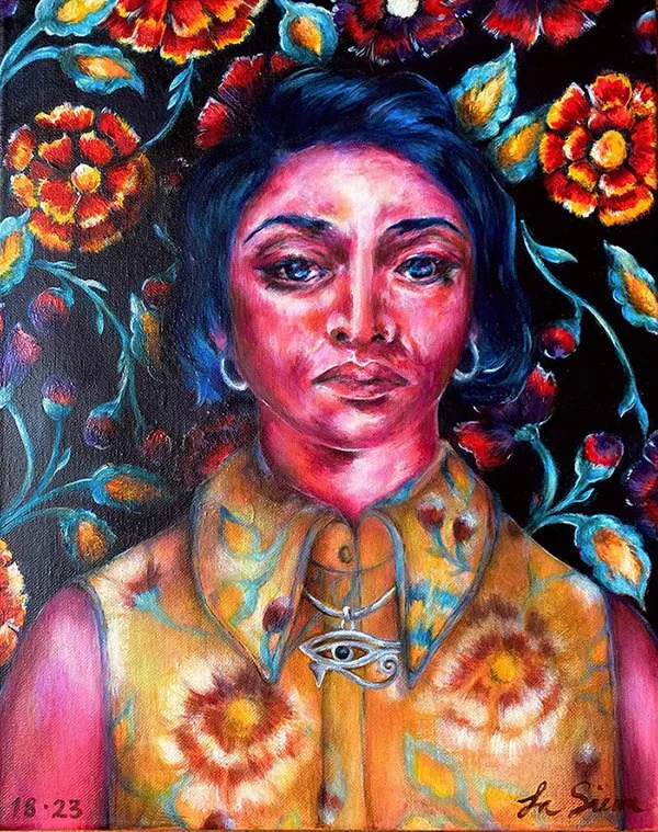 Self-portrait, acrylic on canvas, 2023. 41 × 33 cm.