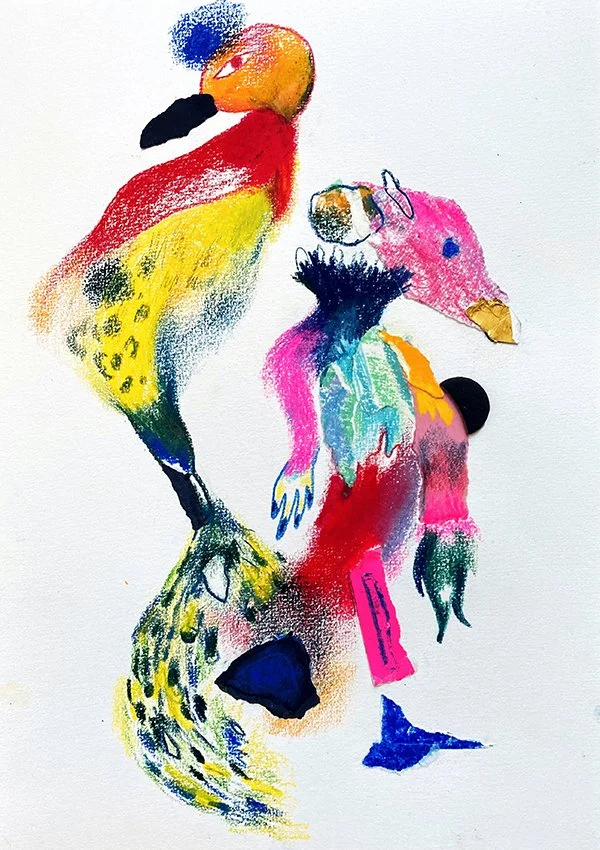 The Little Mouse and Her Mistress. Collage and crayon on paper, 29.7 × 21 cm, 2020.