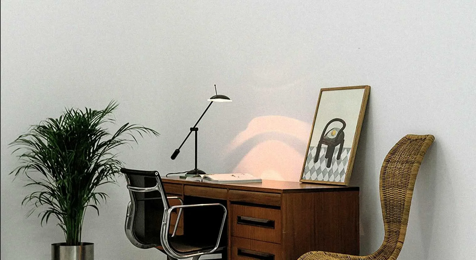 Psychotherapy office desk, with plant and desk lamp