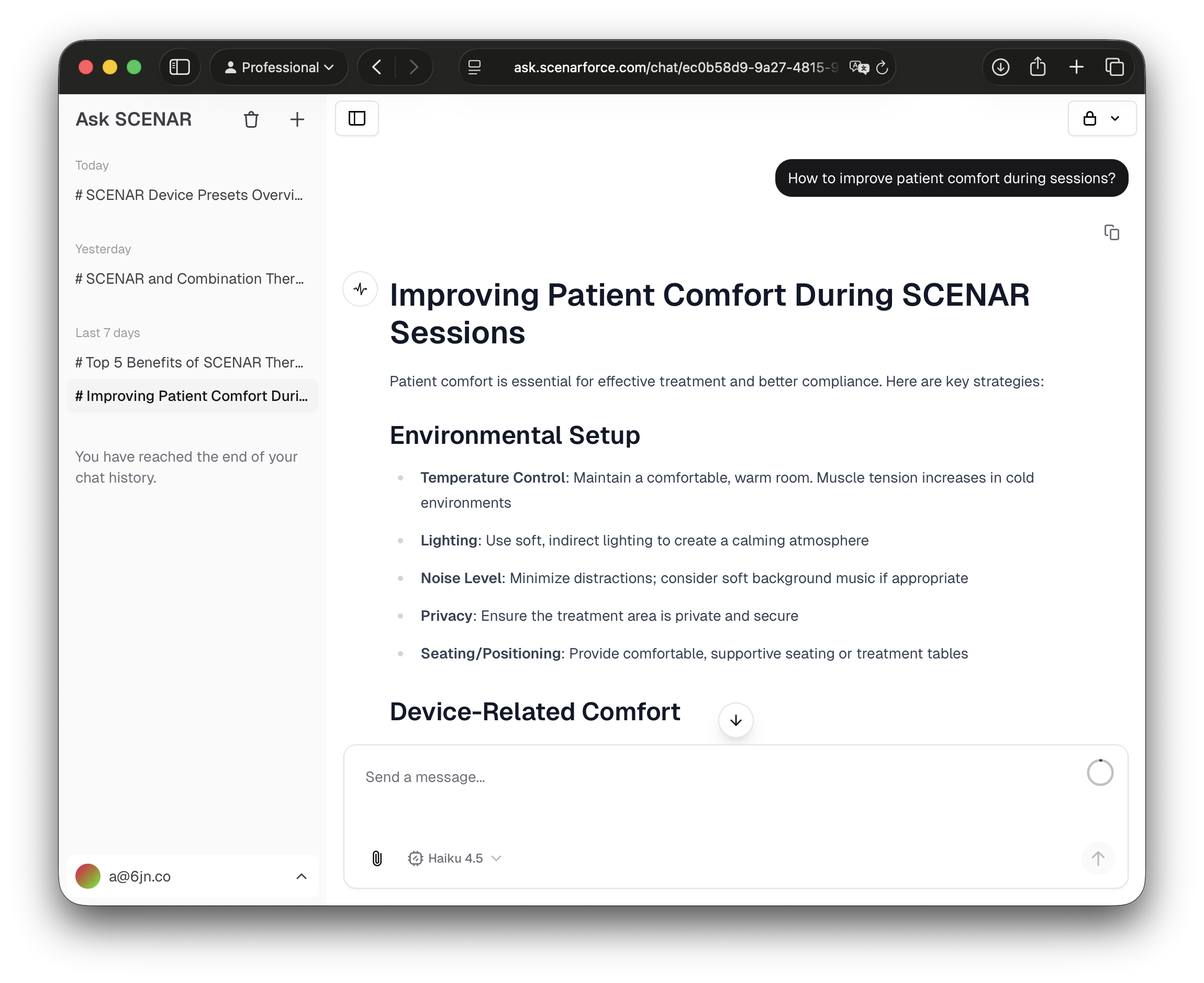 Screenshot of a Ask Scenar digital assistant application showcasing an answer on best practices for pain relief with SCENAR therapy.