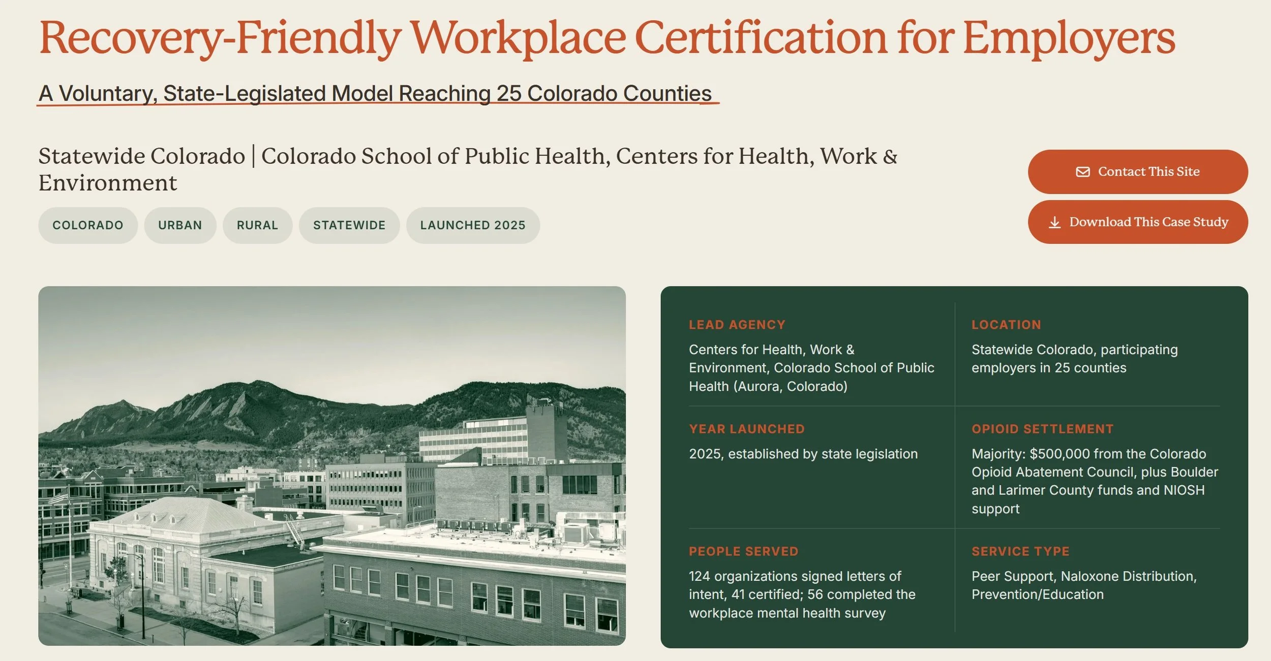 A website page titled 'Recovery-Friendly Workplace Certification for Employers' features an aerial view of a city with buildings and mountains in the background, in black and white.
