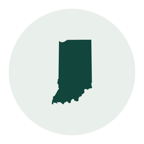 Map of the state of Indiana highlighted in dark green inside a light gray circle.