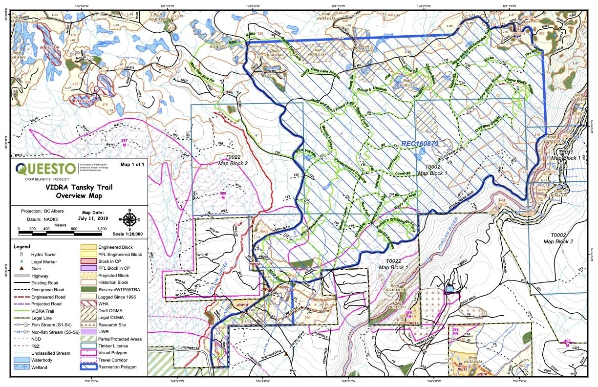 Overview map of VIDRA Tansky Trail in Queensto Community Forest showing trail routes, blocks, and land features with legend.