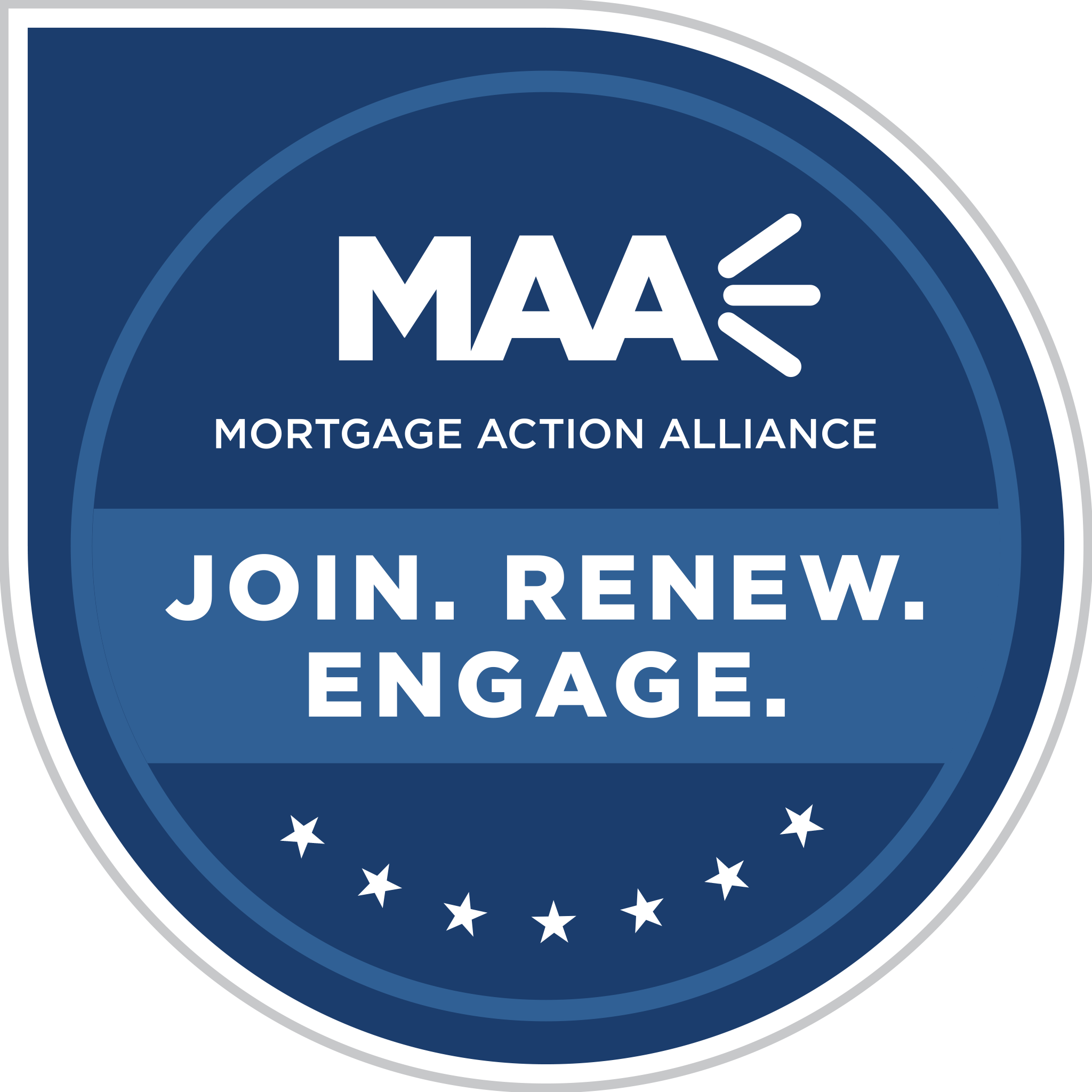 Blue circular badge with white text and stars, promoting Mortgage Action Alliance with the words "Join. Renew. Engage."